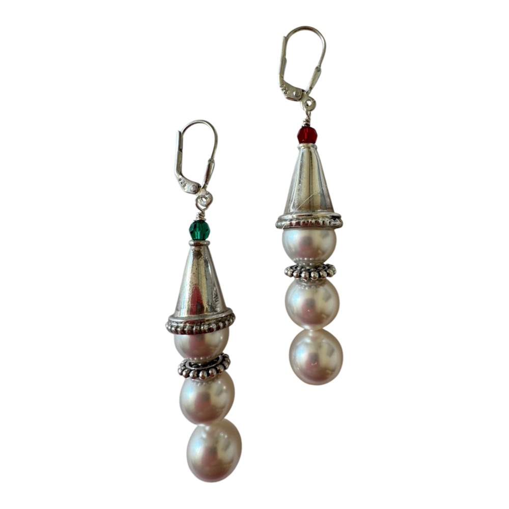 925 Silver Pearl Swarovski Crystal Snowman Clown Drop Earrings NEW